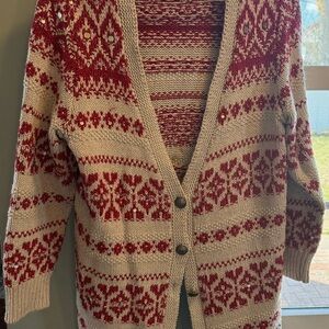 J. Jill Beige and Red Knit Sweater Cardigan